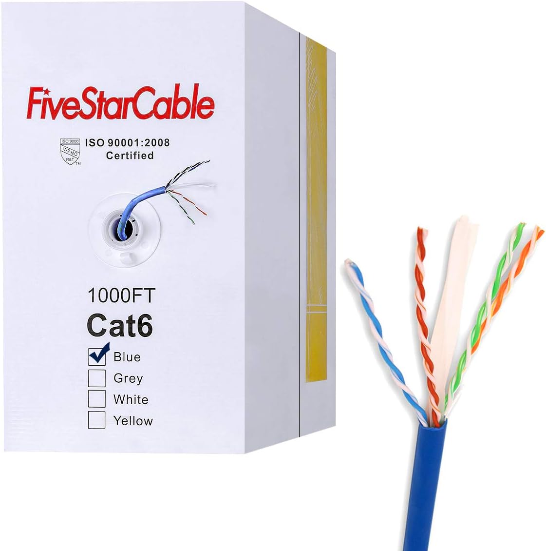 Cat6 1000ft Twisted Pair 23AWG Solid UTP Network Ethernet Router Cable, 550Mhz, PVC RJ45 Wire Bulk Pull Box, Blue